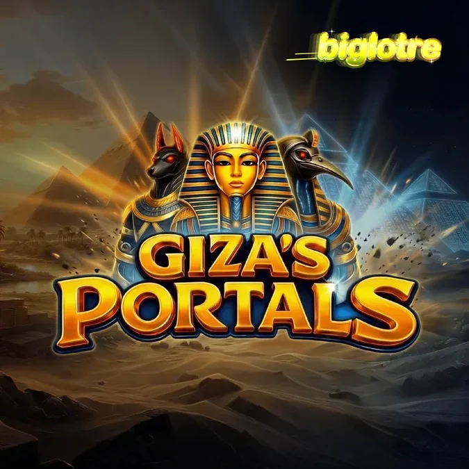 Tampilan visual slot Giza’s Portals dengan latar belakang kuil Mesir dan simbol dewa-dewa.
